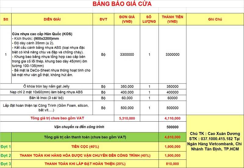 Báo giá cửa nhựa ABS KOS tại Ninh Hòa